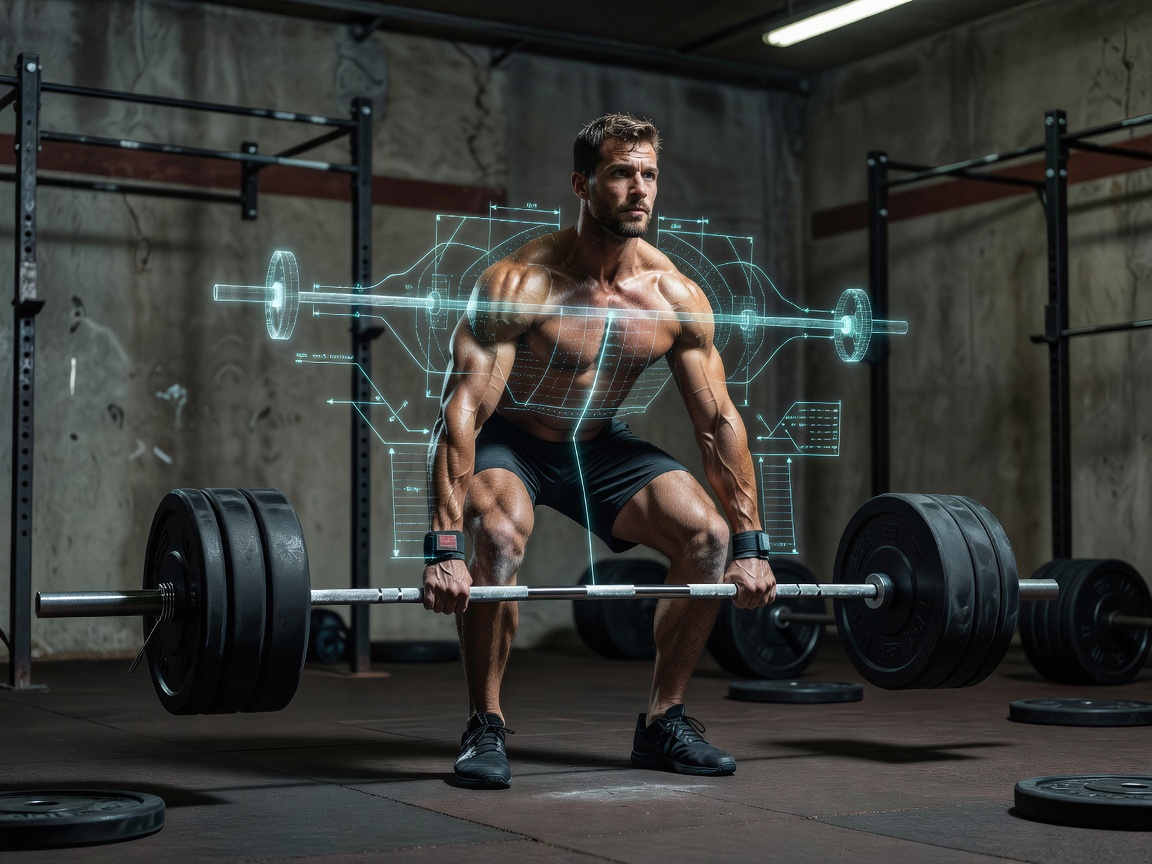 Athlete lifting heavy barbell with digital form analytics
