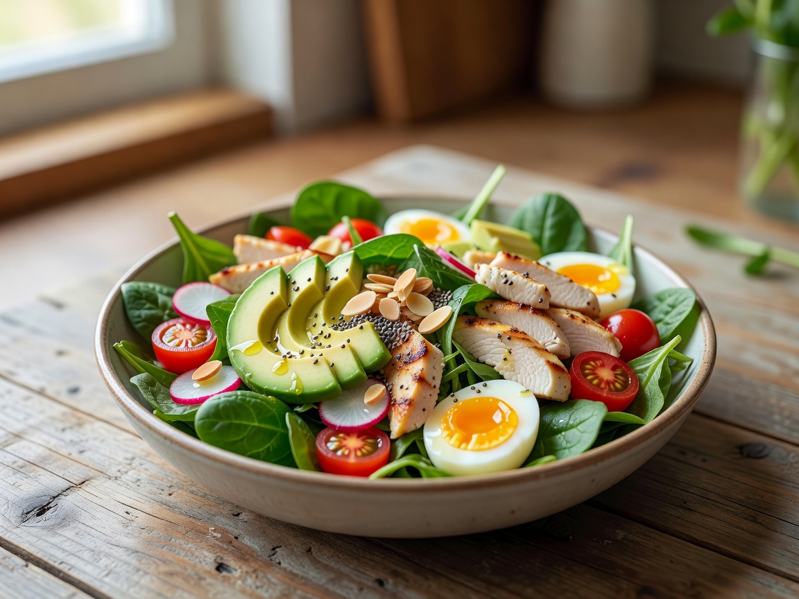 Fresh organic salad bowl with healthy fats and protein