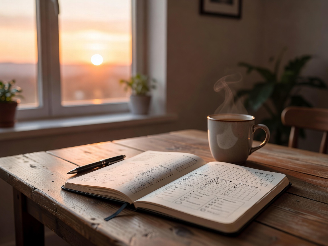 Morning sunrise with notebook representing morning routine and habit tracking