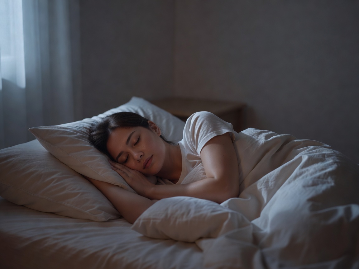 Person sleeping peacefully in a dimly lit calm bedroom