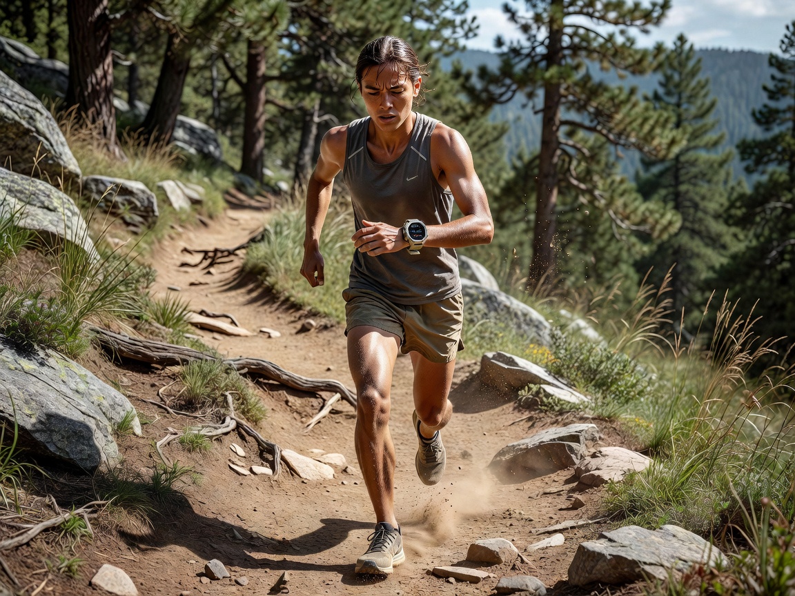 Trail runner monitoring pacing and biometric status